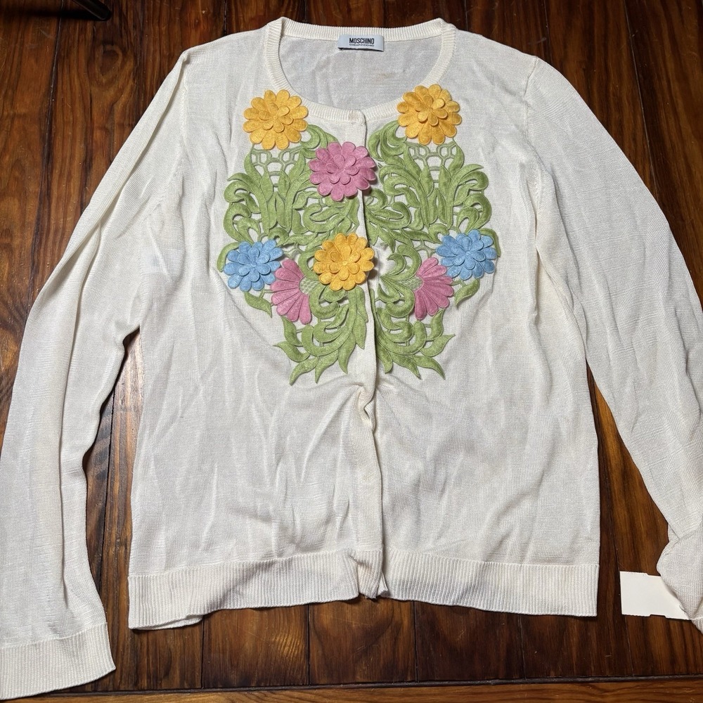 Moschino Cheap & Chic Colorful Floral Appliqué Silk Cardigan Sweater New Sz 12